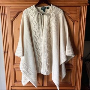 LAUREN RALPH LAUREN HAND KNIT Wool PONCHO Size 1 Chunky Cable Open Sides Cream